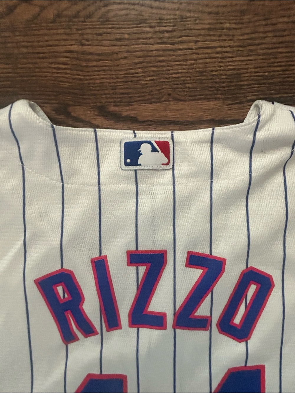 Majestic White Pinstripe Rizzo #44 Youth Baseball Jersey with Blue-Red Trim - Picture 8 of 9